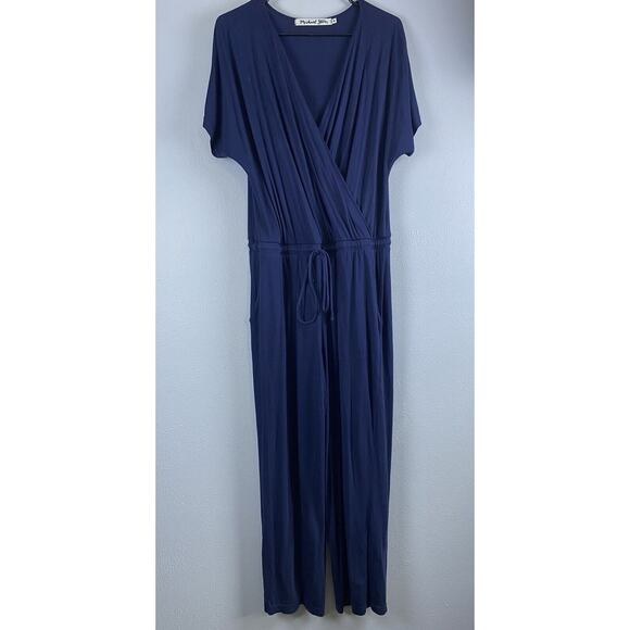 Michael Stars Sz M Blue Faux Wrap Elas Waist Drawstring Pckts SS Modal Pantsuit - Picture 1 of 13
